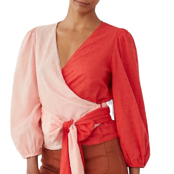 NWT Anthropologie Farm Rio Pink & Red Colorblock Wrap Blouse Top Size Medium - Picture 2 of 12